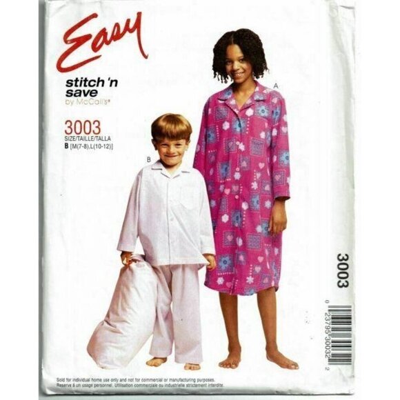 McCalls Stitch N Save 3003 Pajama Sewing Pattern Child Unisex Size M-L - Picture 1 of 2
